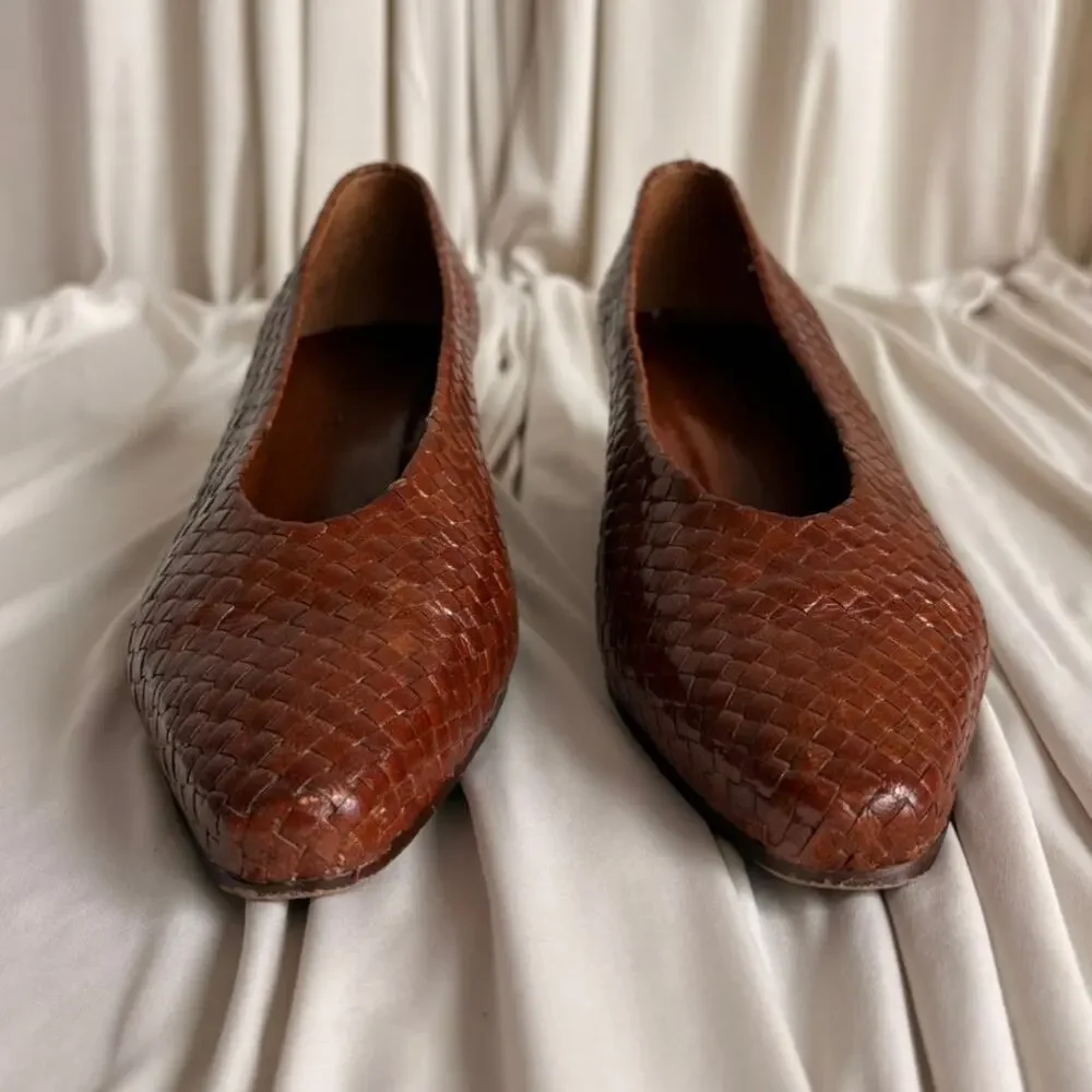 Enzo Angiolini Cognac Woven Leather Pumps - Almond Toe, Size 7.5